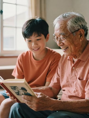 An elderly grandfather smiling warmly while showing an old photo album to his teenage grandson in a cozy Malaysian home, bright natural morning window light, warm terracotta tones, shallow depth of field, 35mm film look