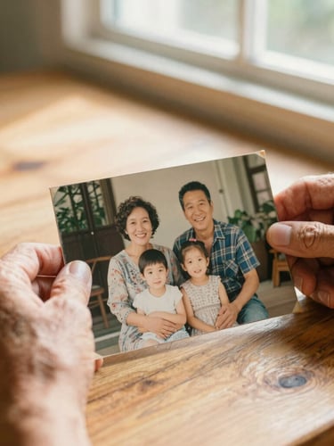 A close-up of warm senior hands holding an old family photograph over a rustic wooden table, soft golden morning light streaming in from a window, shallow depth of field, 35mm film look