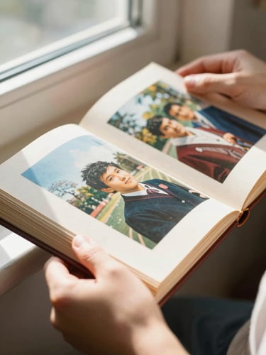 Close-up of warm hands holding a vintage photo album under bright morning window light, rich vibrant colors, shallow depth of field
