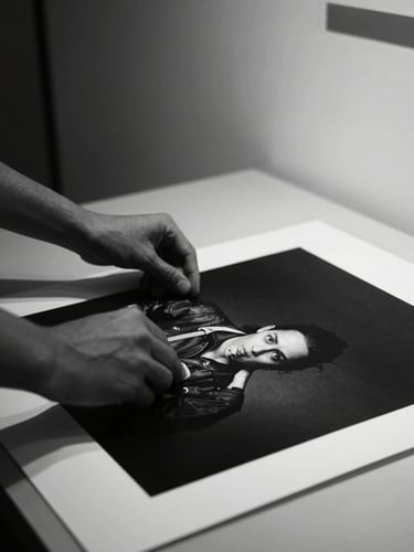 Extreme close-up of a photographer's hands carefully inspecting a large black and white archival print in a minimalist gallery setting, dramatic chiaroscuro lighting, deep shadows