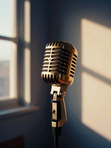 Tight geometric close-up of a vintage brass microphone in a quiet studio corner, warm golden-hour window light casting long shadows, deep navy tones, 35mm film
