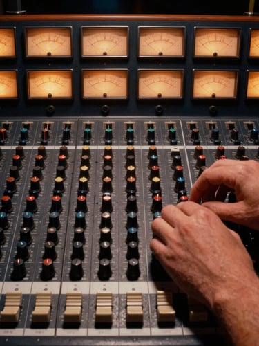 Hands adjusting dials on a vintage analog mixing console, warm low-key studio lighting, copper-gold accents on the VU meters, tight grid-aligned framing