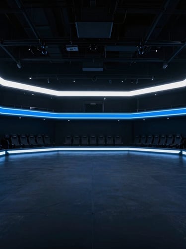 Wide panoramic empty dark esports arena with sharp electric blue and cool white neon accents, dramatic low-key studio lighting, premium tech photography