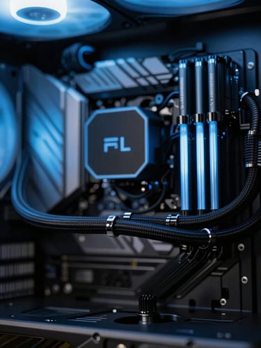 Macro close-up of a custom water-cooled PC rig, glowing electric blue coolant pipes, matte black chassis, dramatic dark studio lighting, shallow depth of field.