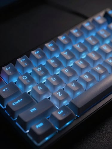 Extreme macro shot of a premium mechanical keyboard with translucent keycaps, glowing electric blue RGB backlighting, low-key dramatic studio lighting, dark charcoal background