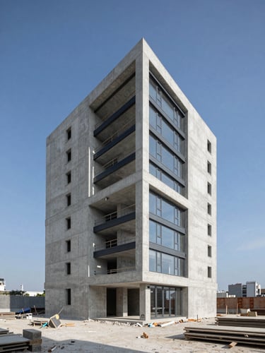 Interior of a modern luxury penthouse under construction, clean concrete walls, organized site, natural window light.