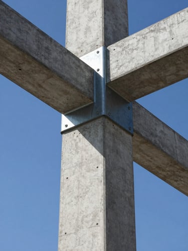 Detailed close-up of a structural concrete column and steel joint, clean construction site, technical precision lighting.