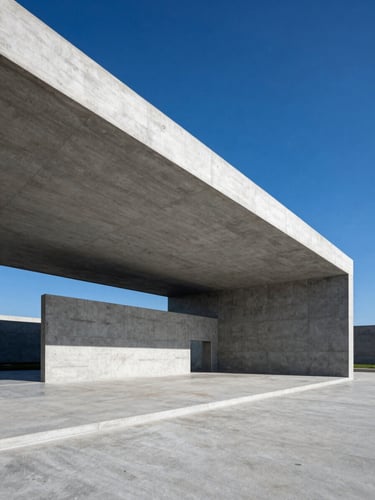 Wide low-angle shot of a modern minimalist concrete pavilion, sharp architectural shadows, deep blue sky.
