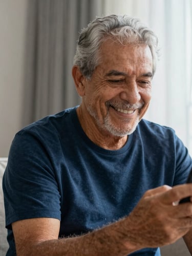Dignified older Brazilian man smiling warmly while looking at his smartphone in a sunlit living room, soft natural window light, deep blue and soft white tones, 35mm lens, authentic editorial photography.