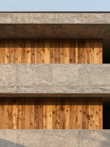 Architectural photography of a contemporary concrete and wood structure facade, clean lines, soft golden hour light, warm earth tones, 35mm lens