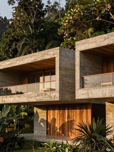 Architectural photography of a luxury eco-resort in Costa Rica, raw concrete and teak wood structure integrated into a lush cliffside, soft golden hour light, warm earth tones, clean lines, 35mm lens.