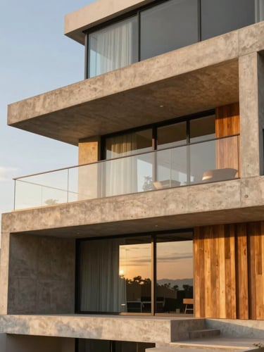 Architectural photography of a contemporary concrete and glass residential building facade in Costa Rica, soft golden hour light, warm sand and wood textures, clean lines, 35mm lens, right side composition