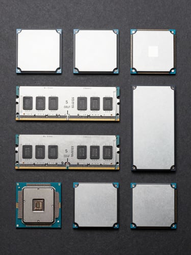 Overhead flat-lay of modern computer components, RAM sticks, SSD drives, and a processor arranged neatly on a dark graphite background, clean studio lighting, electric blue reflections, macro detail