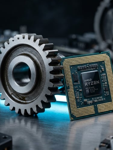 Macro studio product photography of a pristine metallic automotive gear paired with a modern computer microchip, cool blue backlighting, sharp focus, technical precision, 50mm