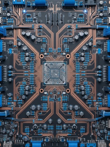 Symmetrical overhead shot of clean copper wiring and organized electrical components, bright cool white lighting, electric blue accents, sharp focus, macro details, 50mm