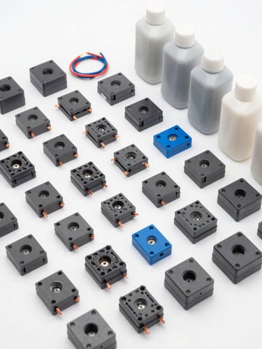 Knolling style overhead shot of neatly arranged electrical components, copper wiring, and pristine lubricant bottles, bright cool white studio lighting, clean technical layout, 50mm