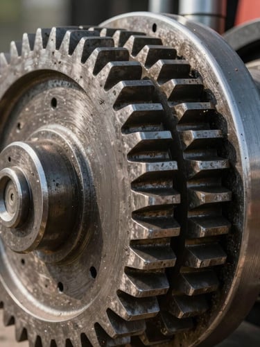 Close-up macro shot of heavy steel gears and hydraulic pistons of an agricultural machine, natural high-contrast daylight, industrial texture.
