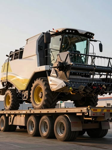 Low-angle shot of a massive agricultural harvester loaded on a heavy-duty flatbed trailer, industrial port terminal in the background under golden hour light, high-contrast daylight, metallic textures.