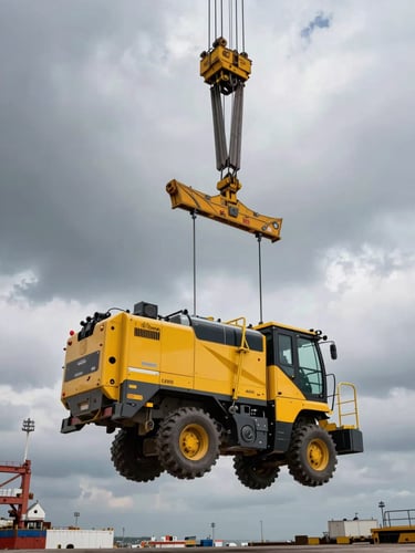 Low-angle shot of a massive yellow harvester being hoisted by a port crane under a dramatic overcast sky, heavy steel cables and industrial harbor infrastructure visible.