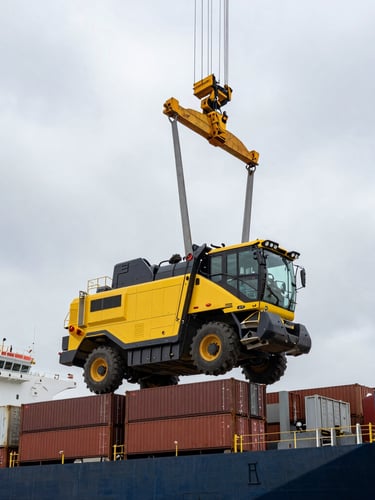 Low-angle shot of a massive yellow harvester being hoisted by a port crane onto a container ship, overcast industrial sky, high contrast, industrial scale.