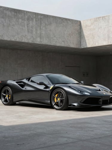 Sleek metallic black Ferrari parked in a minimalist concrete architectural space in Seoul, sharp overcast daylight, deep shadows, 50mm lens