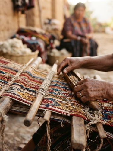 Close-up of hands weaving colorful traditional Latin American textiles with natural fibers, soft golden hour light, warm organic tones.