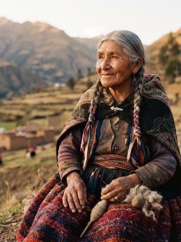 Candid portrait of an indigenous elder woman in Latin America, soft golden hour light, warm earthy tones, looking thoughtfully off-camera, textile details, 35mm