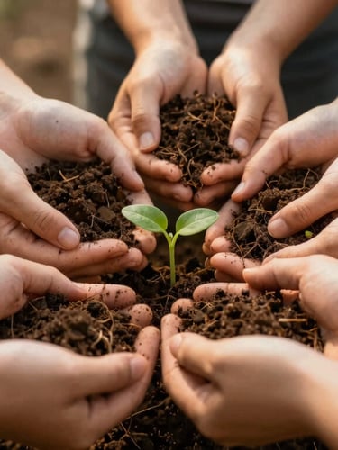Close-up of diverse hands gently holding soil and a small green sprout, warm natural lighting, earthy textures