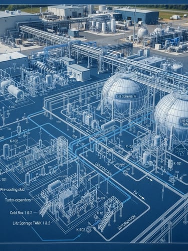 High-contrast technical blueprint schematic of an LH2 liquefaction plant, showing intricate piping and cryogenic storage tanks, cool blue tones, industrial engineering photography, sharp focus, clean architectural lines, daylight, 35mm