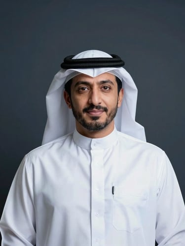 A professional portrait of a Saudi technology founder in a minimalist corporate setting, soft cool studio lighting, dark obsidian background, sharp focus.