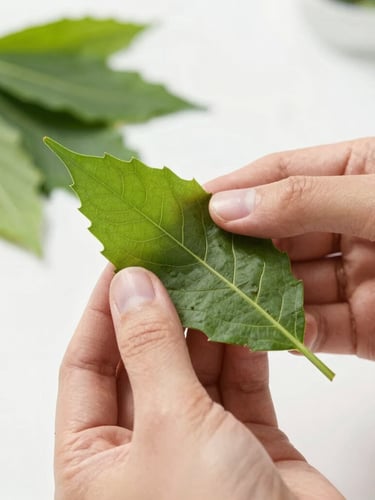 Hands carefully selecting raw green botanical leaves in an ethical harvest, soft natural daylight, macro detail.