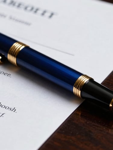 Close-up of a high-end fountain pen resting on signed legal documents, dark mahogany desk, dramatic side lighting with gold accents, 35mm