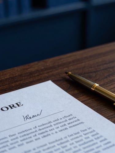 Authoritative close-up of a signed legal contract on a heavy walnut desk, elegant gold pen resting nearby, dramatic side lighting, deep oxford blue tones, sharp focus, 35mm