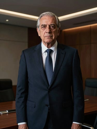 Dramatic editorial portrait of senior Mexican lawyer in dark bespoke suit, serious expression, modern corporate boardroom background, low-key side lighting, 35mm