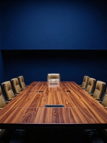 Wide-angle dramatic editorial photography of a high-level corporate boardroom in Mexico, low-key side lighting, deep oxford blue shadows, sharp architectural lines, polished heavy wood table, leather chairs, 35mm