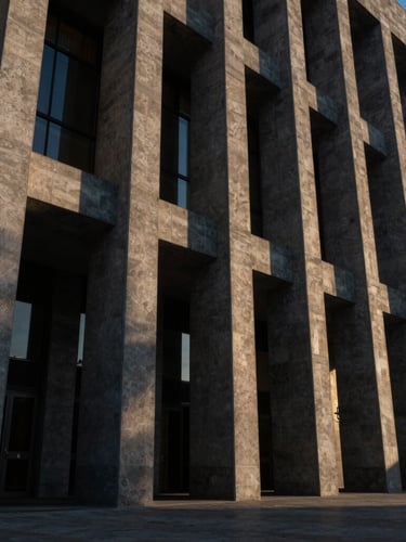 Dramatic wide-angle shot of a modern judicial building facade in Tlaxcala, strong vertical concrete pillars, low-key side lighting, deep shadows, professional architectural style, 35mm