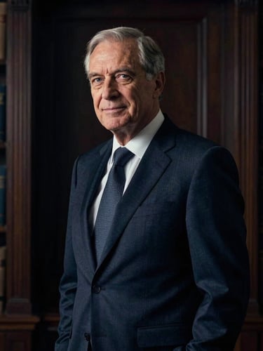 Authoritative portrait of a senior male lawyer in a dark tailored suit, non-smiling, confident expression, dramatic side-lighting, elegant dark office background with books, 35mm.
