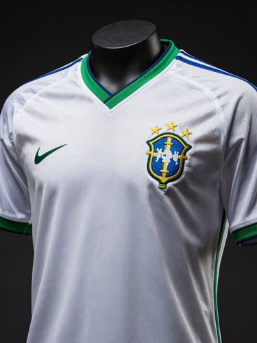 Crisp product photography of a classic 1994 Brazil soccer jersey, dramatic studio lighting, dark moody background, high contrast, sharp details of the embroidered crest