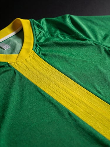 Detailed close-up of classic green and yellow soccer jersey embroidery, high contrast, dramatic studio lighting, dark background