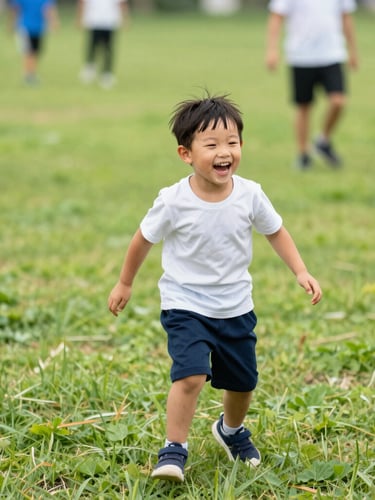 Portrait of a child laughing joyfully while playing an active outdoor camp game, bright natural daylight, vibrant green grass, shallow depth of field, candid action.