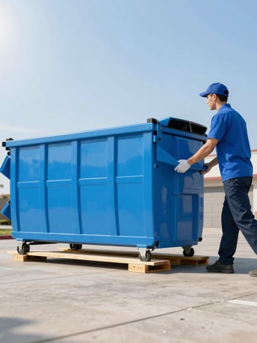 A professional delivery driver in a clean uniform guiding a sky blue dumpster onto protective wooden planks on a clean driveway, bright morning sun