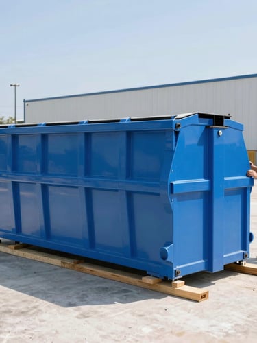 A clean blue roll-off dumpster sitting on protective wooden boards on a clean commercial job site, professional driver in a clean uniform standing nearby, bright midday sun.