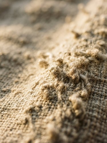 Tight macro shot of raw linen slubs, low-angle warm golden-hour window light, rich tactile textures, shallow depth of field, 35mm