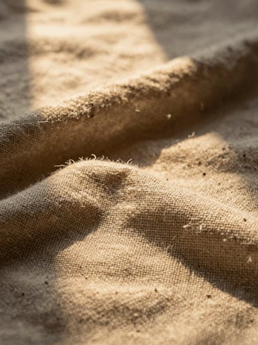 Macro close-up of heavy-weight hand-loomed raw linen fabric grain, showing natural slubs and rich texture under warm golden-hour window light with deep shadows, 35mm.