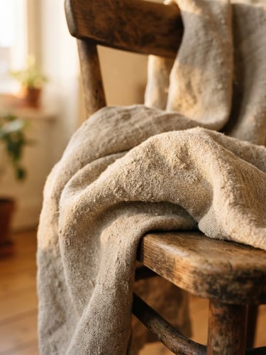 Macro close-up of heavy-weight raw linen slub with unforced drape on a wooden chair, low-angle warm golden-hour window light, rich tactile textures, 35mm