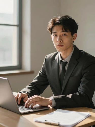 Medium shot of a focused young professional at a clean desk, warm natural window light from the left, hands resting near a laptop keyboard, direct calm gaze toward camera, minimal workspace visible
