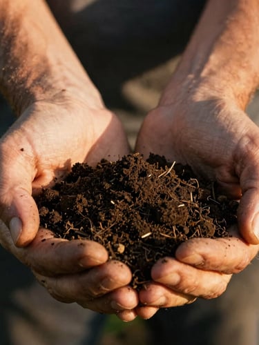 Macro texture of rich, dark organic soil being held gently by farmer hands, warm golden sunlight, high contrast, 35mm agricultural photography