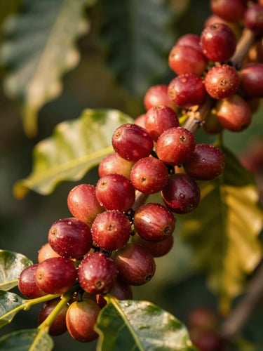 Macro shot of ripe red coffee cherries on a branch, warm golden-hour sunlight, rich green leaves in the background, shallow depth of field, 35mm