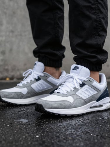 Low-angle close-up of streetwear sneakers on wet Cairo asphalt, sharp overcast lighting, raw concrete background, 35mm lens