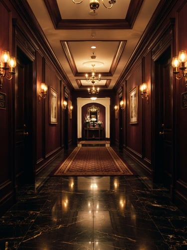 Symmetrical architectural shot of a luxury hotel corridor, polished marble floor reflecting warm golden light, deep burgundy walls, dramatic low-key lighting, 35mm.